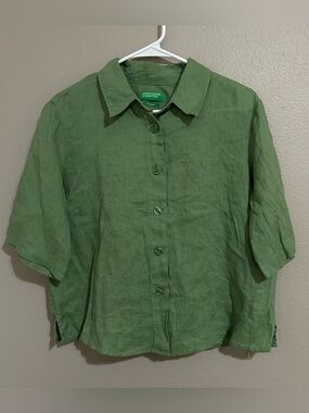 United Colors of Benetton Green 100% Linen Button Down Shirt Women’s Size Medium